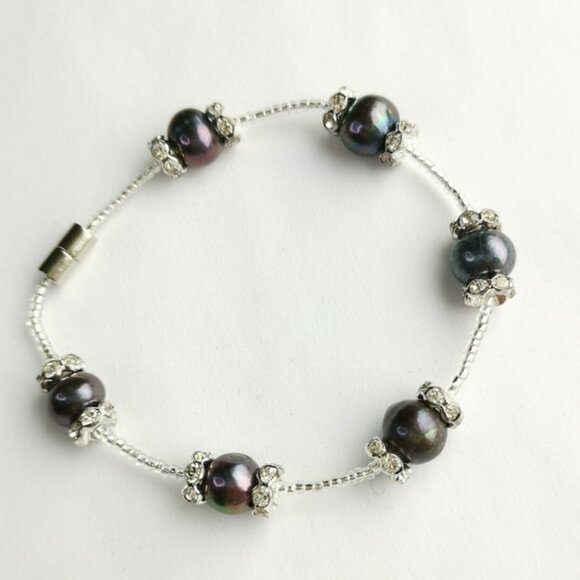Genuine Peacock Grey Freshwater pearl Crystal  Bracelet - Picture 3 of 5